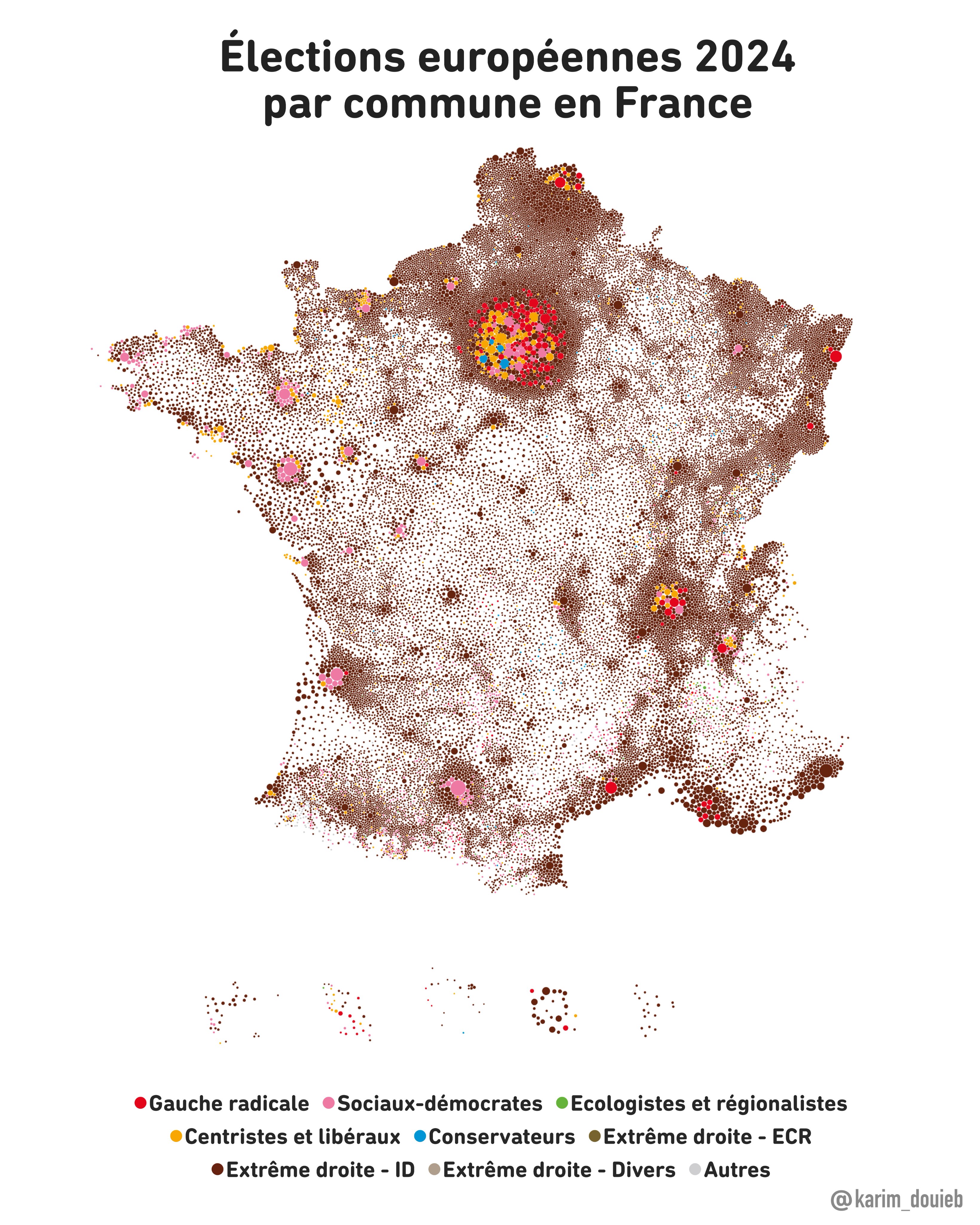 Carte des résultats en France des élections européennes 2024 avec les communes représentées par un point dont la taille dépend de la population.